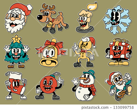 Retro Rubber Hose Christmas Characters Collection  Cute Vintage Holiday Stickers Set 133099758