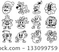 Retro Rubber Hose Christmas Characters Collection ute Vintage Holiday Stickers Set 133099759