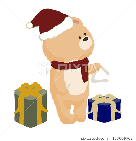 一隻熊在冬日音樂會上演奏三角鐵 | 可愛的冬日插畫，戴著聖誕帽 133099762