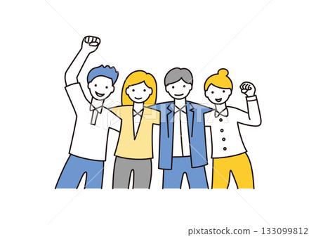 Men and women are cheering with their arms around each other's shoulders Men and women are cheering with their arms around each other's shoulders 133099812