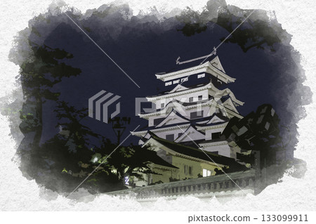 福山城夜景水彩畫，修復後的天守閣，福山市，廣島縣 133099911