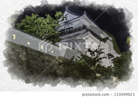 Watercolor painting of Fukuyama Castle at night, Tsukimi Yagura, Fukuyama City, Hiroshima Prefecture 133099923