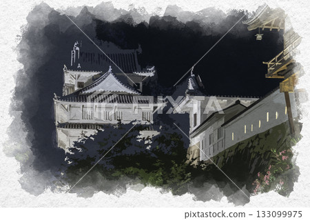 Watercolor painting of Fukuyama Castle at night, Fushimi Tower, Fukuyama City, Hiroshima Prefecture 133099975