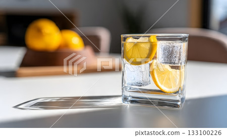 A glass of crystal-clear water with lemon slices and ice cubes sits on a white counter, casting a long shadow in bright, natural daylight. AI Generated 133100226