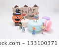 Halloween Party Scene With Pumpkin, Sign, And Colorful Macarons 133100371