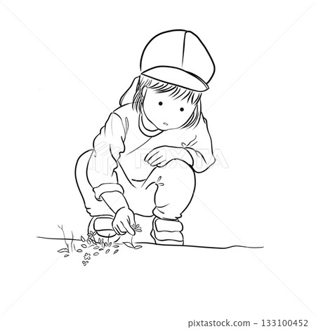 Line drawing of a child finding flowers in the schoolyard Line drawing of a child finding flowers in the schoolyard 133100452