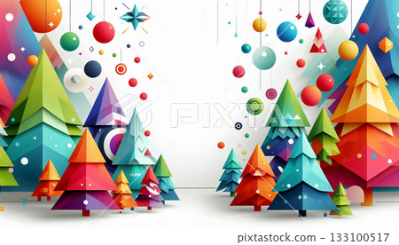 Abstract modern Christmas background with geometric tree shapes, minimal blank space for headline. 133100517