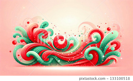 Abstract red and green waves with sparkles and white dots convey a vibrant and festive atmosphere. 133100518