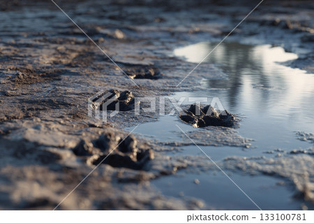Animal footprints on muddy ground near water puddle 133100781