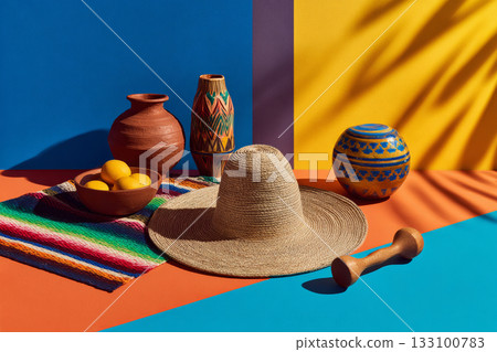 Mexican pottery with sombrero and citrus on colorful summer background 133100783
