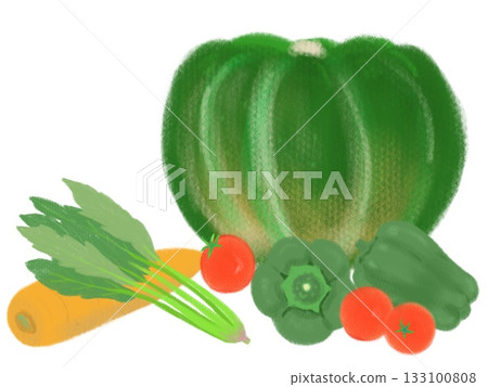 綠色和黃色蔬菜的插圖:南瓜、胡蘿蔔、菠菜、櫻桃番茄和甜椒 綠色和黃色蔬菜的插圖:南瓜、胡蘿蔔、菠菜、櫻桃番茄和甜椒 133100808