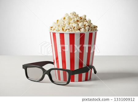 Movie theater image with popcorn and 3D glasses 133100912