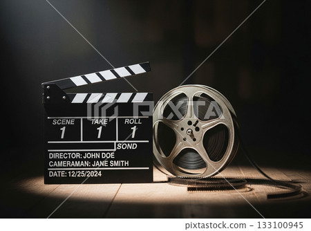 Movie image of clapperboard and film reel 133100945