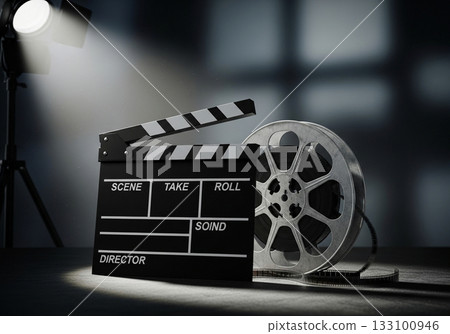 電影中場記板與底片捲軸的畫面 133100946