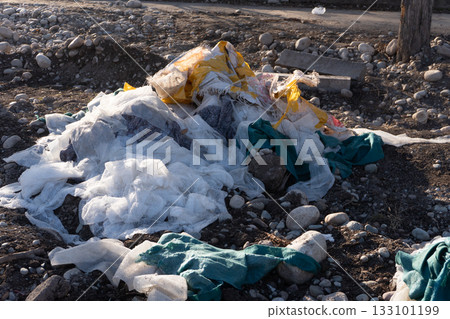 Pile of Plastic Waste on Rocky Ground 133101199