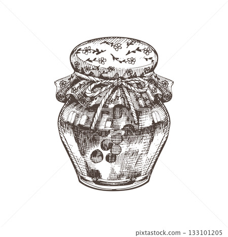 Vintage vector illustration of a jam jar with fabric cover and bow, drawn in detailed ink line art. Perfect for homemade jam labels, kitchen prints, rustic packaging, and cottagecore designs. 133101205