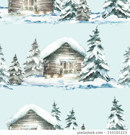 Winter landscape snow covered cabin with snowy spruce tree watercolor seamless pattern. Wooden house and Christmas fir realistic hand drawn illustration Fabric on isolated light blue green background Winter landscape snow covered cabin with snowy spruce tree watercolor seamless pattern. Wooden house and Christmas fir realistic hand drawn illustration Fabric on isolated light blue green background 133101223