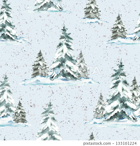 Winter landscape with snow covered Christmas fir, pine tree and snowfall seamless pattern. Snowdrifts and frosty coniferous forest. Hand drawn illustration fabric on isolated blue coloured background Winter landscape with snow covered Christmas fir, pine tree and snowfall seamless pattern. Snowdrifts and frosty coniferous forest. Hand drawn illustration fabric on isolated blue coloured background 133101224