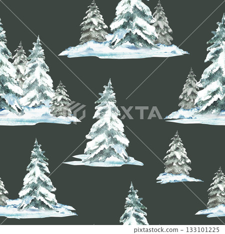 Watercolor Spruce, pine, coniferous snow covered Christmas fir trees forest seamless pattern. Hand drawn Snowy winter realistic landscape illustration on isolated dark background for Xmas New Year 133101225