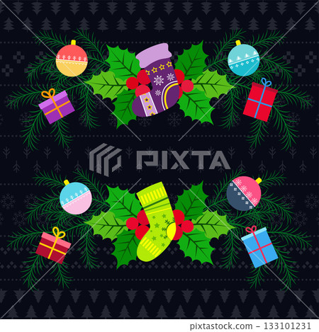 Christmas holly, fir branches, Christmas stocking and decorations Christmas holly, fir branches, Christmas stocking and decorations 133101231