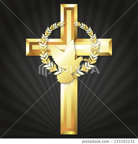 Golden Christian cross and dove in a round wreath symbol Golden Christian cross and dove in a round wreath symbol 133101232