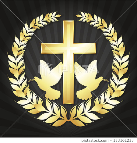 Golden Christian cross and two doves in a round wreath Golden Christian cross and two doves in a round wreath 133101233