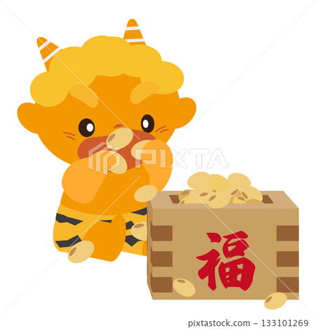 Illustration of a yellow demon eating Setsubun beans in a wooden box 133101269