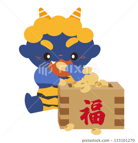 Illustration of a blue demon intently eating beans from a masu box Illustration of a blue demon intently eating beans from a masu box 133101270