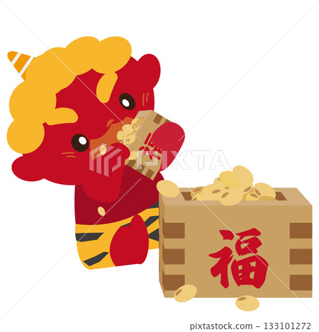 圖:一隻紅色惡魔在小盒子裡吃節分豆 圖:一隻紅色惡魔在小盒子裡吃節分豆 133101272