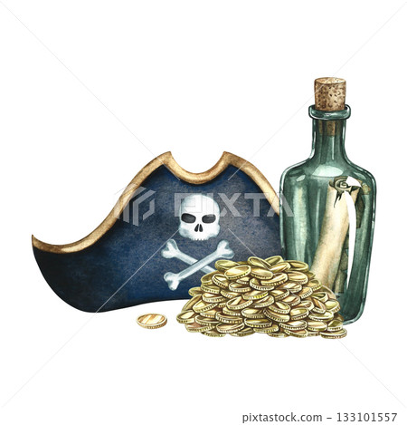 Pirate theme. A triangular hat, a pile of gold coins, and a scroll in a bottle. A hand-drawn watercolor illustration. For children's games and celebrations. For stickers, posters, and banners. 133101557