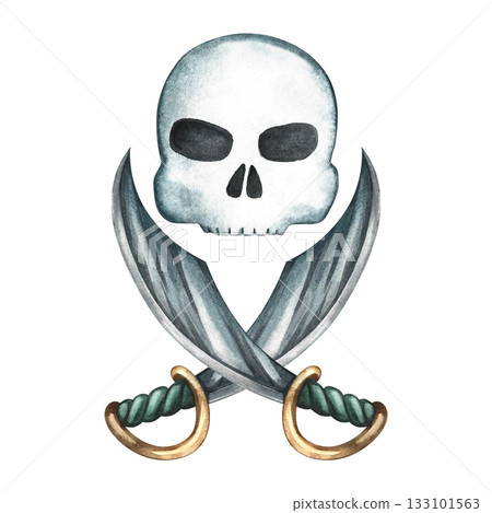 Pirate theme. Skull and crossed cutlasses. Hand-drawn watercolor illustration. Symbol of danger and death for logos, warning signs. For packaging, labels, games, stickers, and more. Pirate theme. Skull and crossed cutlasses. Hand-drawn watercolor illustration. Symbol of danger and death for logos, warning signs. For packaging, labels, games, stickers, and more. 133101563