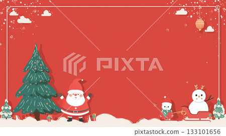 聖誕背景插圖 | 紅色背景下的可愛雪人和聖誕樹的冬季設計 133101656