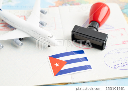 Cuba passport with approved stamp on document for tourism to immigration at airport in country. Cuba passport with approved stamp on document for tourism to immigration at airport in country. 133101661