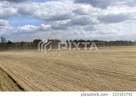 dust storm in windy weather in the field after plowing and preparing the field for sowing, flying dust from strong winds in the agricultural field in the spring season, blue sky with clouds 133101791