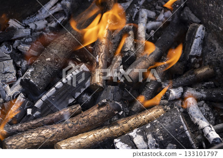 a bonfire made of logs from fruit trees and an orange flame during the preparation of the barbecue for cooking meat, burning logs in the grill for hot coals and roasting meat a bonfire made of logs from fruit trees and an orange flame during the preparation of the barbecue for cooking meat, burning logs in the grill for hot coals and roasting meat 133101797