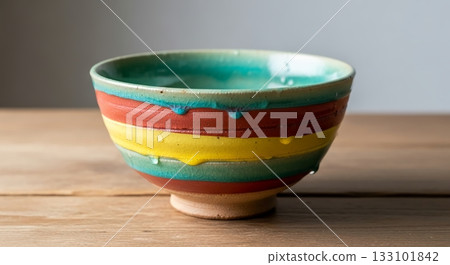 A colorful tea bowl with beautiful, fresh water droplets 133101842