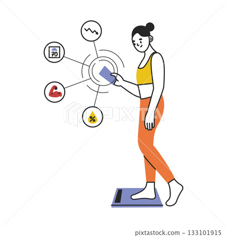 Vector illustration with smart scale and body composition analytics. Flat cartoon woman on scale with smartphone, muscle fat water percentages, progress charts, health tracking theme for fitness Vector illustration with smart scale and body composition analytics. Flat cartoon woman on scale with smartphone, muscle fat water percentages, progress charts, health tracking theme for fitness 133101915