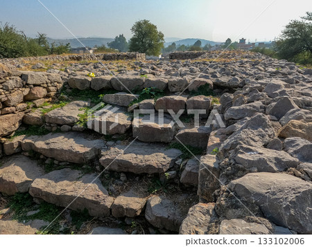 Historic stone steps ascending the Jandial temple mound at Taxila with ionic column backdrop Historic stone steps ascending the Jandial temple mound at Taxila with ionic column backdrop 133102006