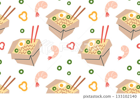 Vector illustration pattern with instant ramen boxes, Asian noodles, shrimp, pepper and mixed ingredients. Flat cartoon seamless design with takeout food, chopsticks, street food theme Vector illustration pattern with instant ramen boxes, Asian noodles, shrimp, pepper and mixed ingredients. Flat cartoon seamless design with takeout food, chopsticks, street food theme 133102140