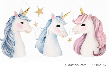 可愛的獨角獸和星星，水彩插畫套裝 133102187
