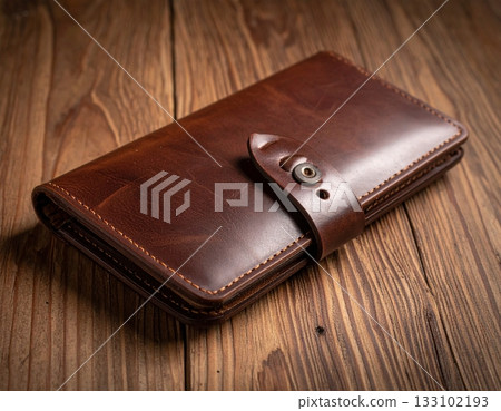 Classic Brown Leather Wallet with Button on Grey Background 133102193