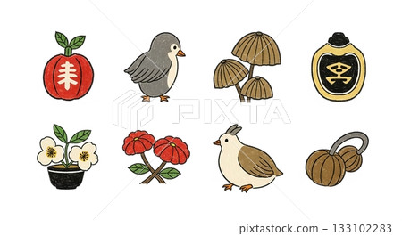 A set of Japanese-style illustrations of lucky charms and cute birds A set of Japanese-style illustrations of lucky charms and cute birds 133102283