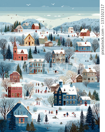白雪皚皚的冬日村莊插圖 | 充滿懷舊與溫馨的聖誕場景 白雪皚皚的冬日村莊插圖 | 充滿懷舊與溫馨的聖誕場景 133102317