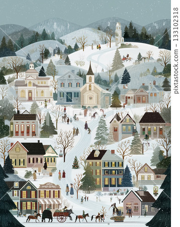 Illustration of a snowy winter village | A nostalgic and warm Christmas scene Illustration of a snowy winter village | A nostalgic and warm Christmas scene 133102318