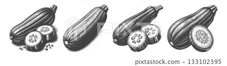Vintage Hand-Drawn Zucchini Illustration, Garden Squash Engraved Vector for Farm and T-Shirt Design 133102395