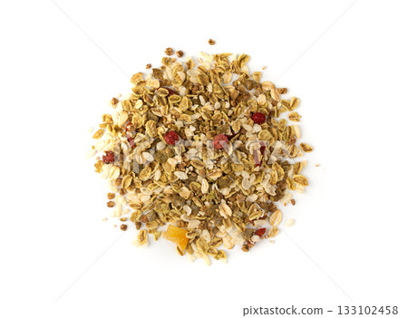 Muesli isolated. Crunchy granola with cereal mix, oat flakes, dry fruits, berries and fiber 133102458