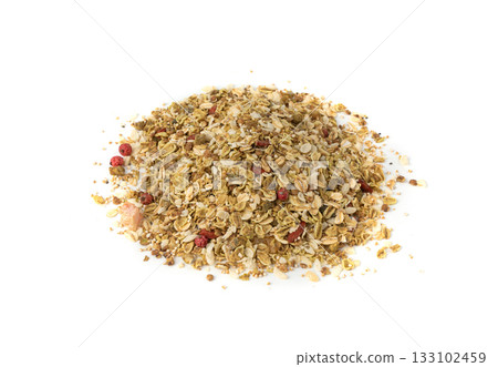 Muesli isolated. Crunchy granola with cereal mix, oat flakes, dry fruits, berries and fiber Muesli isolated. Crunchy granola with cereal mix, oat flakes, dry fruits, berries and fiber 133102459