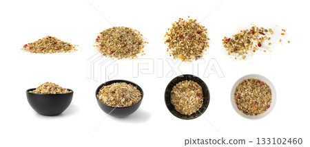 Muesli isolated. Crunchy granola with cereal mix, oat flakes, dry fruits, berries and fiber 133102460