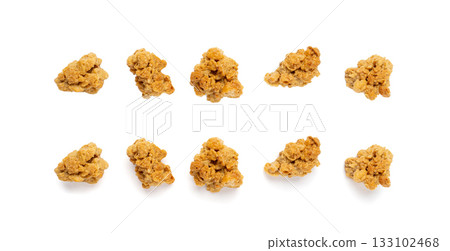 Granola Pile Isolated, Cereal Breakfast with Almonds and Chocolate Chips, Seeds and Oat Flakes Granola Pile Isolated, Cereal Breakfast with Almonds and Chocolate Chips, Seeds and Oat Flakes 133102468