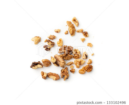 Chopped wallnut , broken roasted walnuts powder, heap of nuts crumbs, whole kernel pieces 133102496